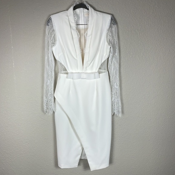 Donnee Par Dieu White Ivory Bridal Dress Lace Long Sleeve Deep V Neck Sz S - Picture 4 of 13